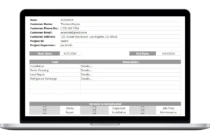 Laptop displaying a field service work order template with customer details, task list, dates, and service checkboxes.