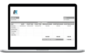 Laptop screen displaying a daily timesheet template with days, dates, start and finish times, and totals for regular, overtime, and vacation hours.