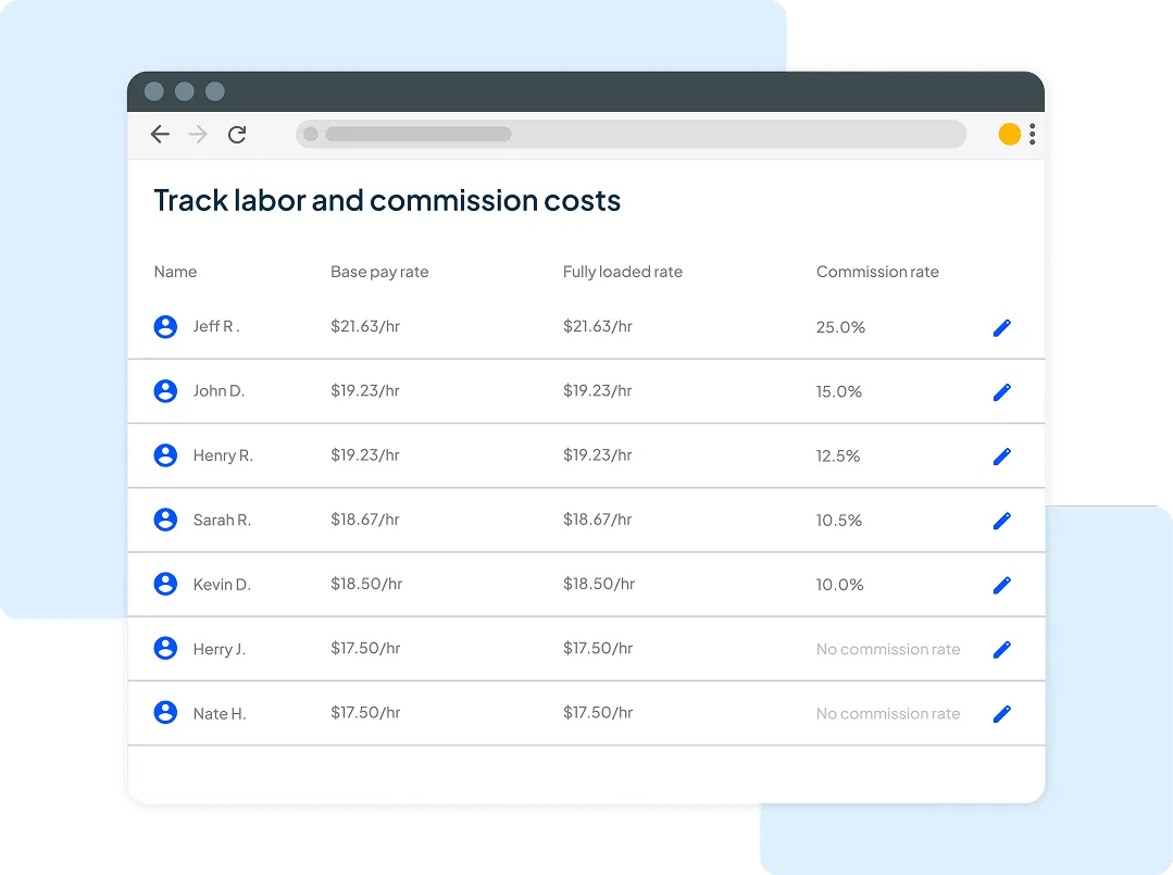 labor and commissions dashboard inside of HCPs job cost tracking software